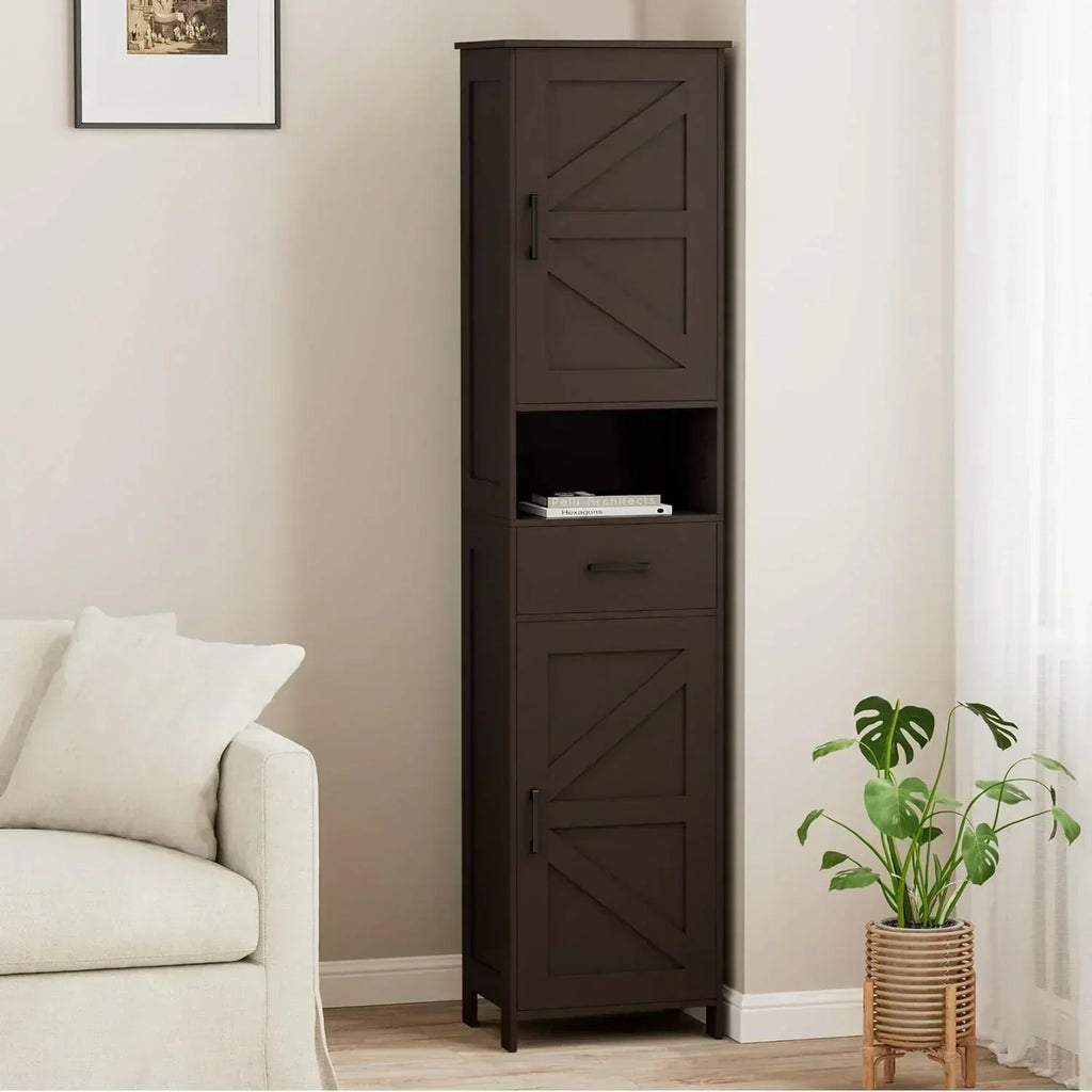 Homhedy 67 H Tall Bathroom Storage Cabinet with 2 Barn Doors and 1 Drawer Narrow Storage Unit