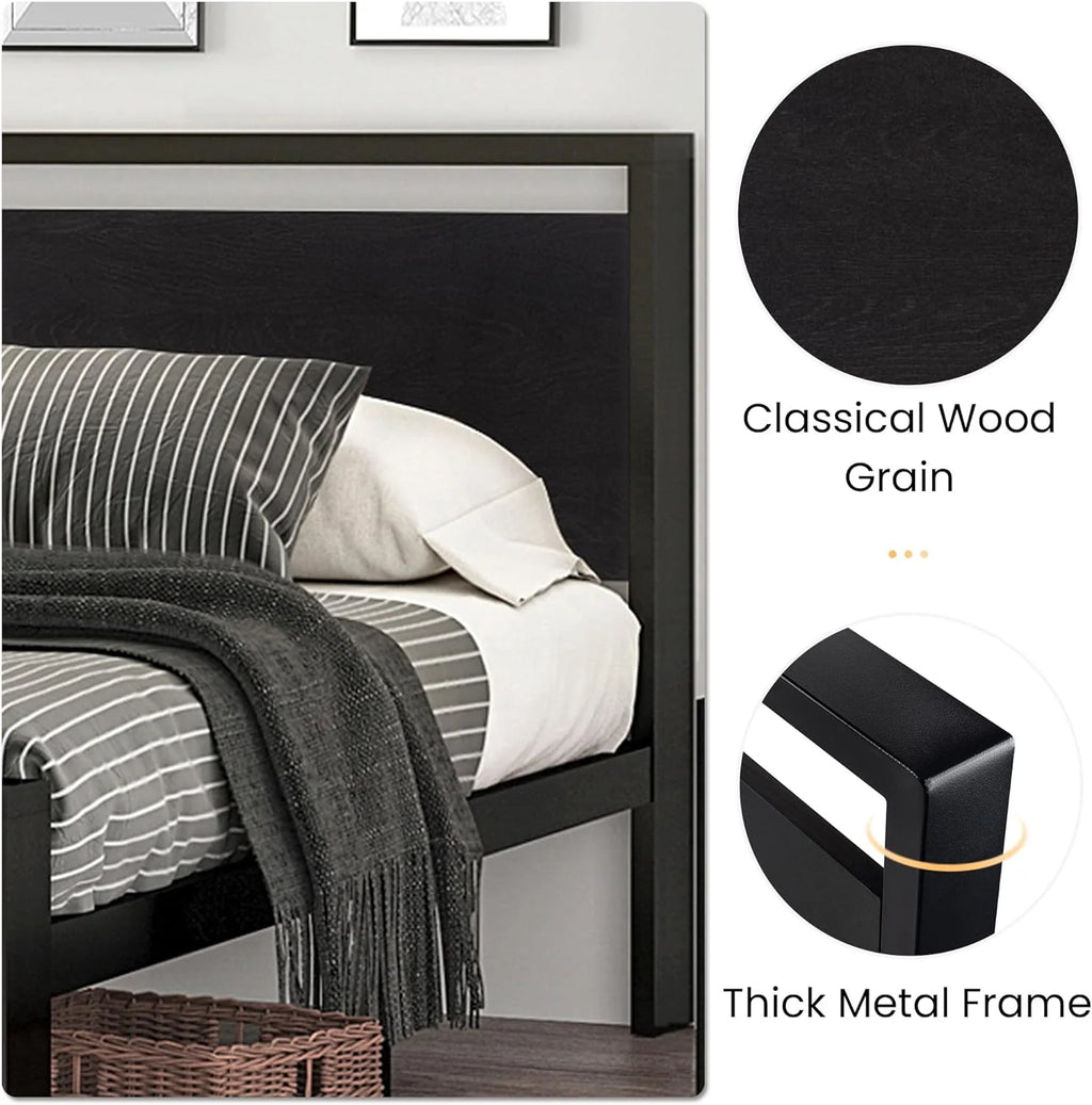 SHA CERLIN 14 Inch Queen Size Metal Platform Bed Frame with Wooden Headboard and Footboard