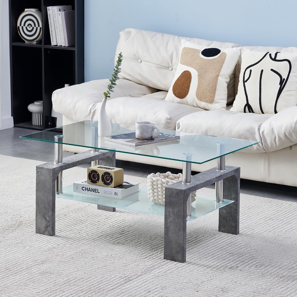 Living Room Rectangle Coffee Table, Tea Table Suitable for Waiting Room, Modern Side Coffee Table with Wooden Leg, Glass Tabletop