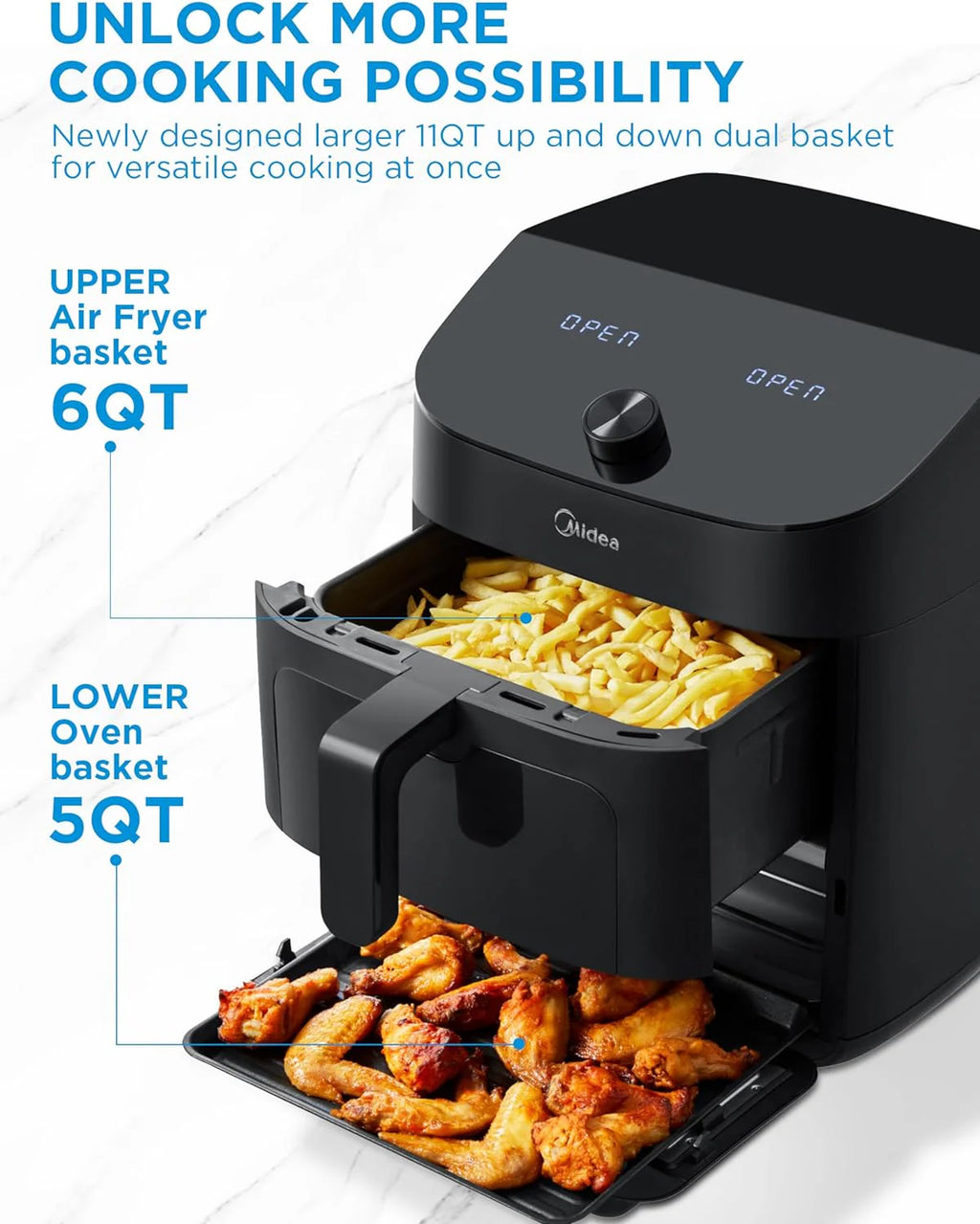 Dual Basket Air Fryer Oven 11 Quart 8 in 1 Functions Clear Window Smart Sync Finish
