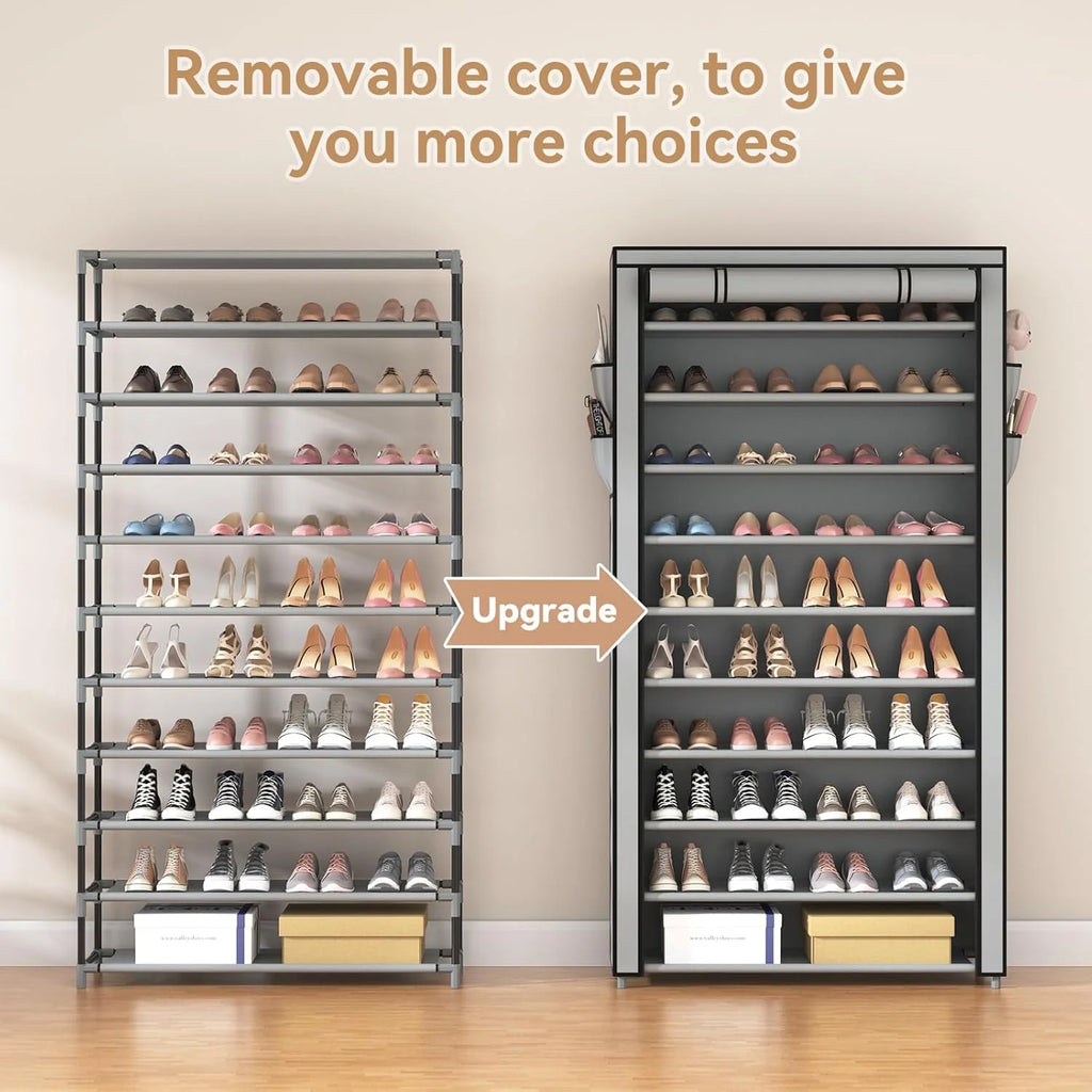 ROJASOP 10 Tier Shoe Rack with Covers Large Capacity Stackable Tall Shoe Shelf Storage