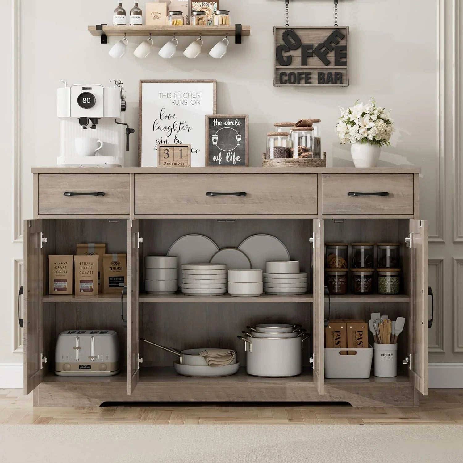 Sideboard with drawers, large 55-inch sideboard, sideboard storage with shelves and doors, modern farmhouse coffee bar wood kitchen dining table