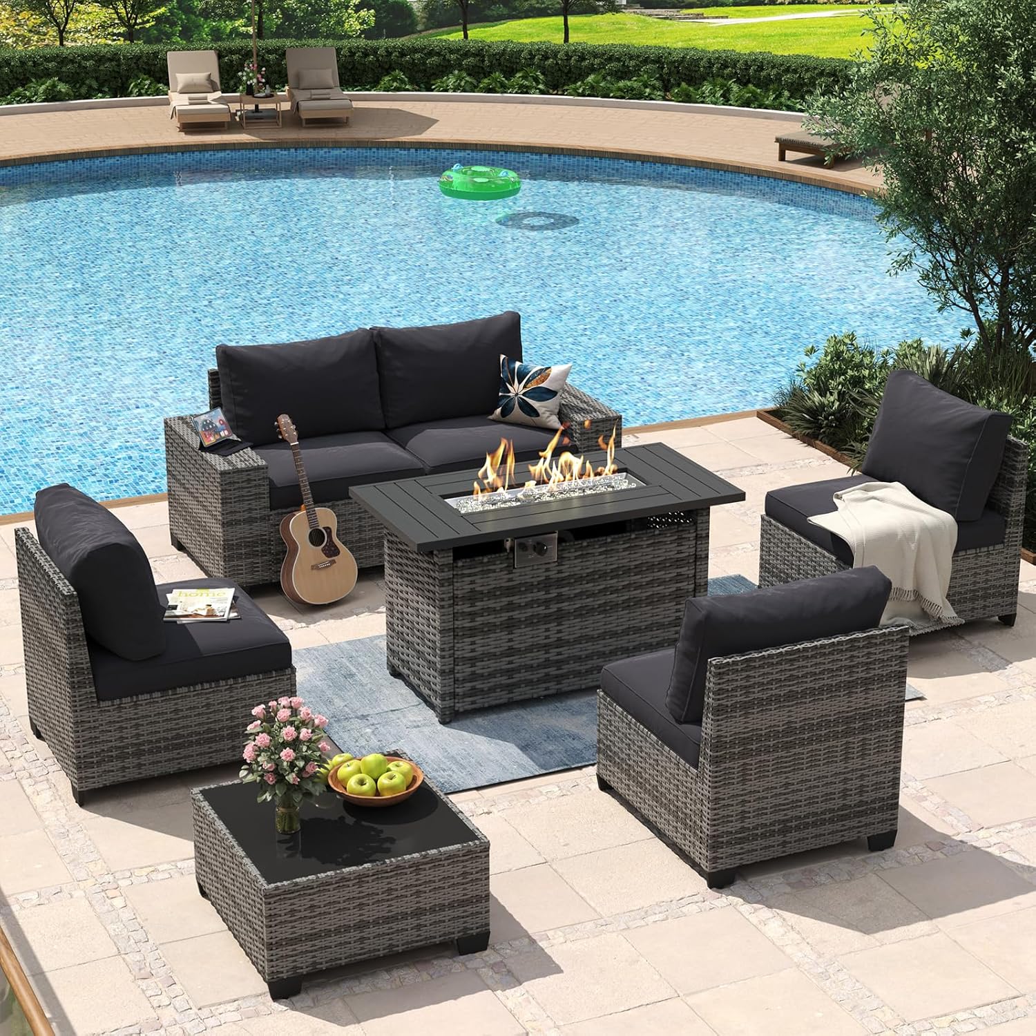 Aoxun 8 Piece Patio Furniture Set with 44?Fire Pit Table Wicker Rattan Outdoor Sectional Sofa Set with Coffee Table and Thickened Cushions, Beige (Waterproof Cover Included)