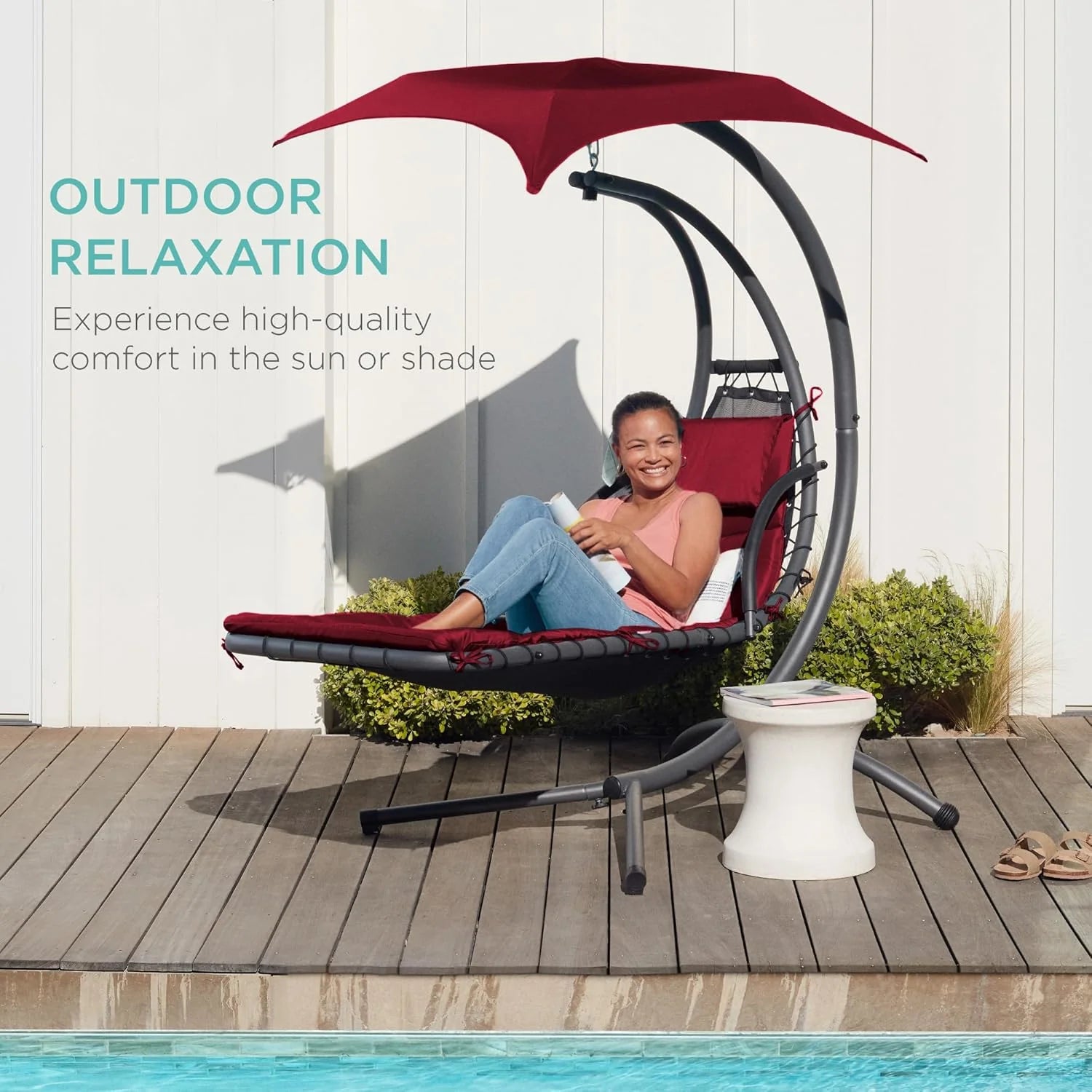 Best Choice Products Outdoor Hanging Curved Steel Chaise Lounge Chair Swing w/Built-in Pillow and Removable Canopy - Teal