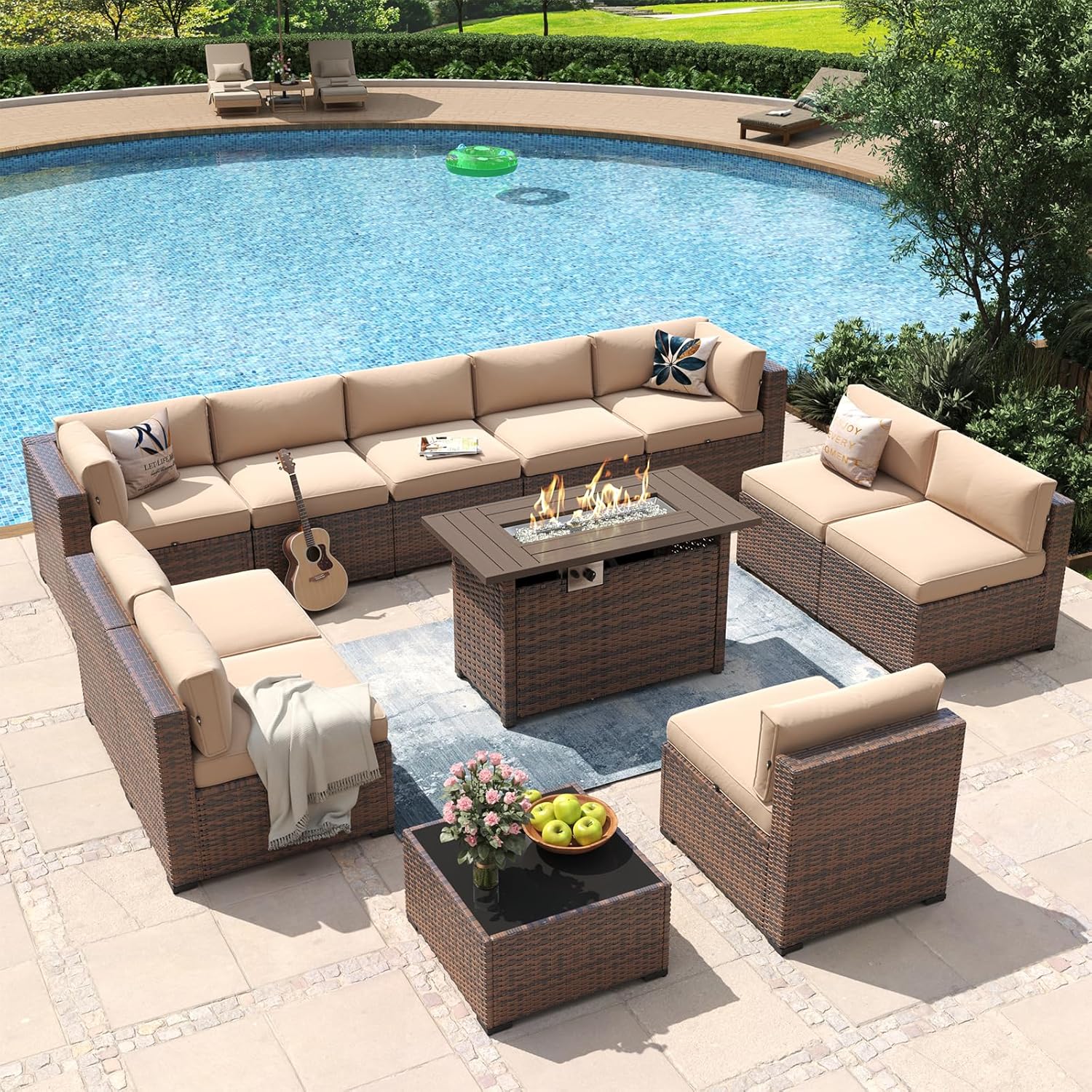 Aoxun 8 Piece Patio Furniture Set with 44?Fire Pit Table Wicker Rattan Outdoor Sectional Sofa Set with Coffee Table and Thickened Cushions, Beige (Waterproof Cover Included)