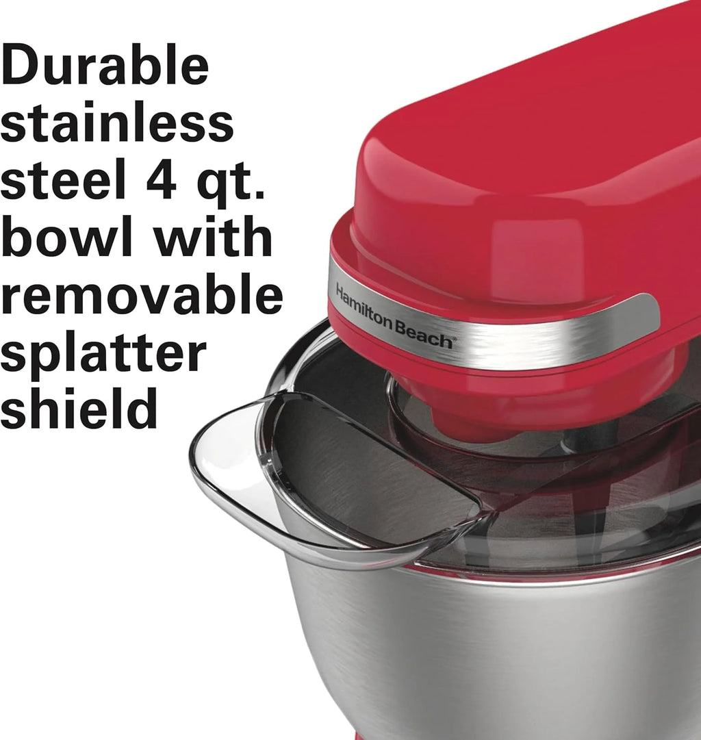 Hamilton Beach Electric Stand Mixer, 4 Quarts, Dough Hook, Flat Beater Attachments, Splash Guard 7 Speeds with Whisk, Black