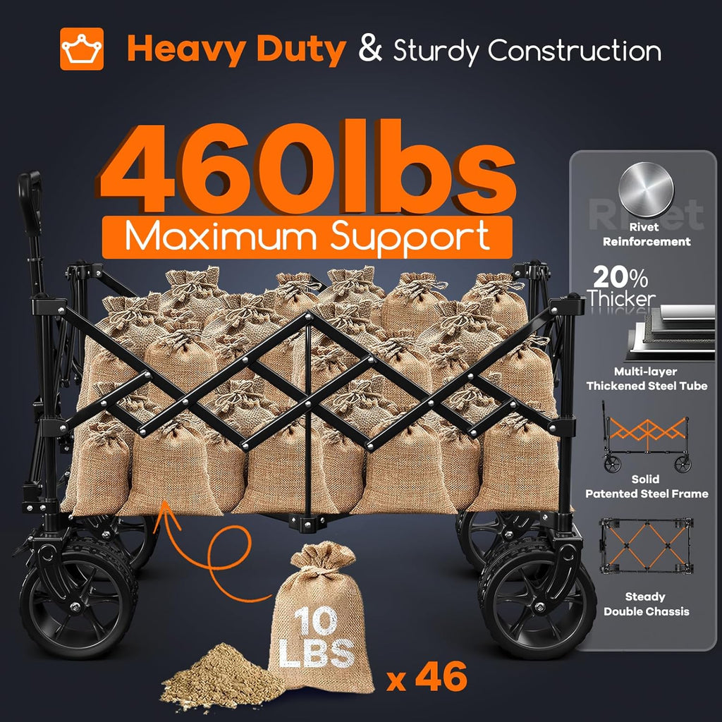 38 long foldable four-wheel stroller, foldable, 460 lb capacity, 220 liter heavy-duty folding beach stroller with large all-terrain tires