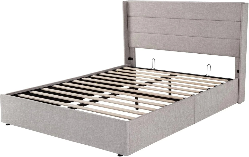 Allewie Queen Size Lift Up Storage Bed Modern Wingback Headboard Hydraulic Support