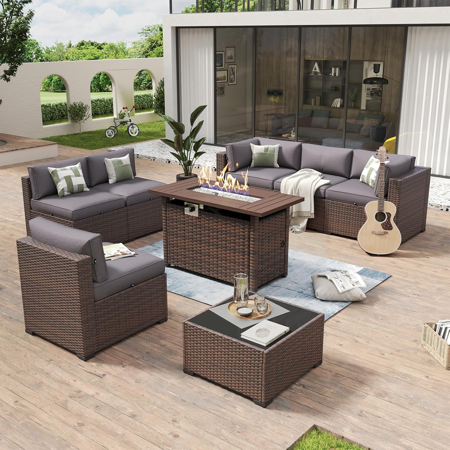 Aoxun 8 Piece Patio Furniture Set with 44?Fire Pit Table Wicker Rattan Outdoor Sectional Sofa Set with Coffee Table and Thickened Cushions, Beige (Waterproof Cover Included)