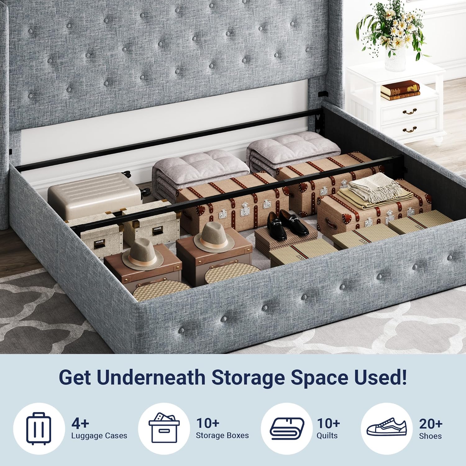 Allewie Queen Size Lift Up Storage Bed Modern Wingback Headboard Hydraulic Support
