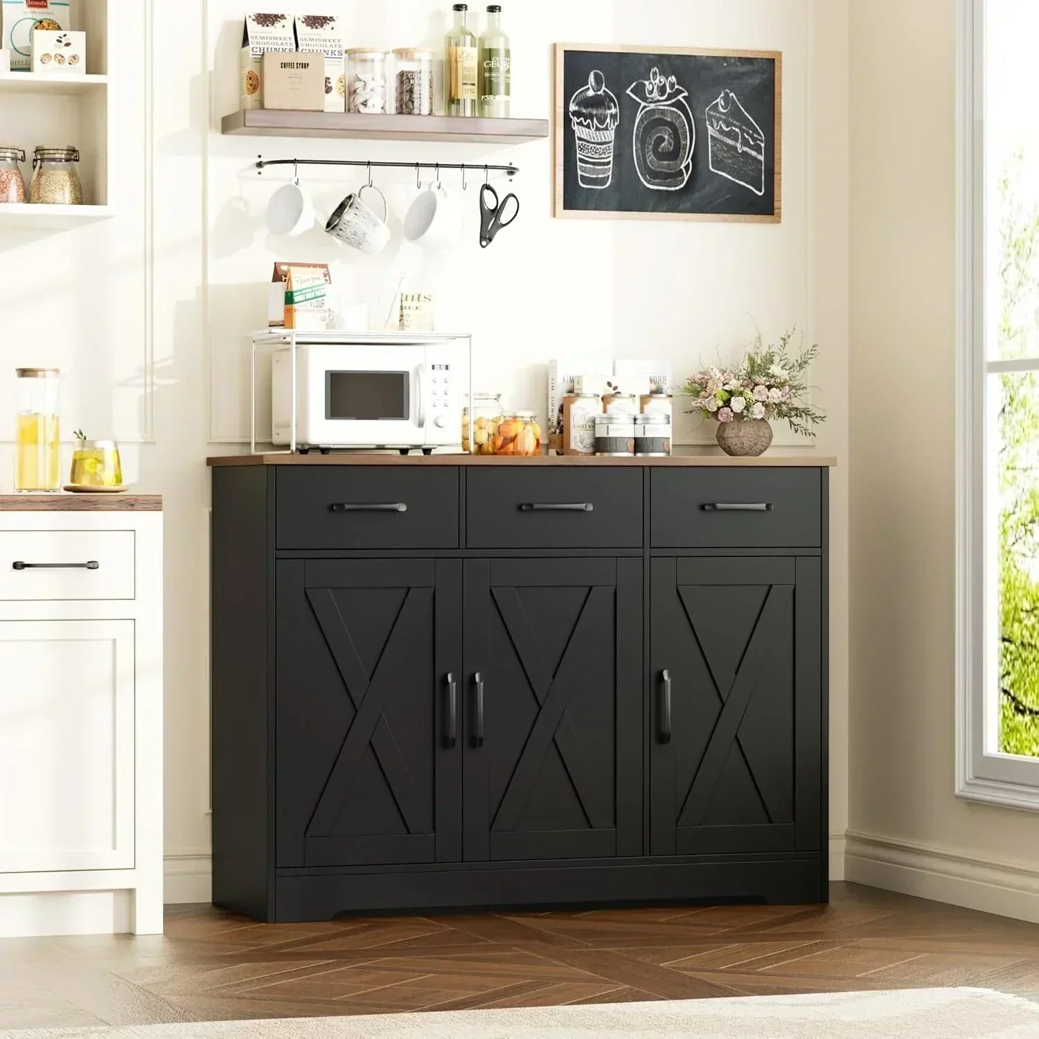 Modern farmhouse sideboard barn door buffet storage cabinet with drawers and shelves