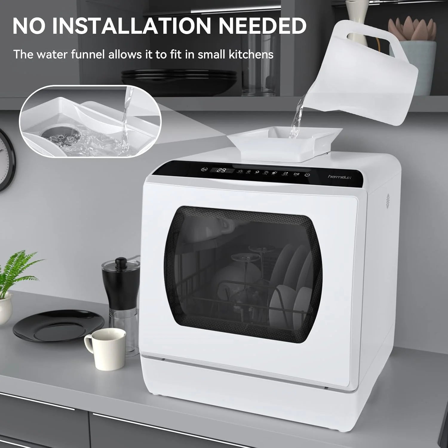 Hermitlux Countertop Dishwasher, 7 Washing Programs Portable Mini Dishwasher with 5-Liter Built-in Water Tank for Apartments & RVs, LED Light, Glass Door, No Hookup Needed