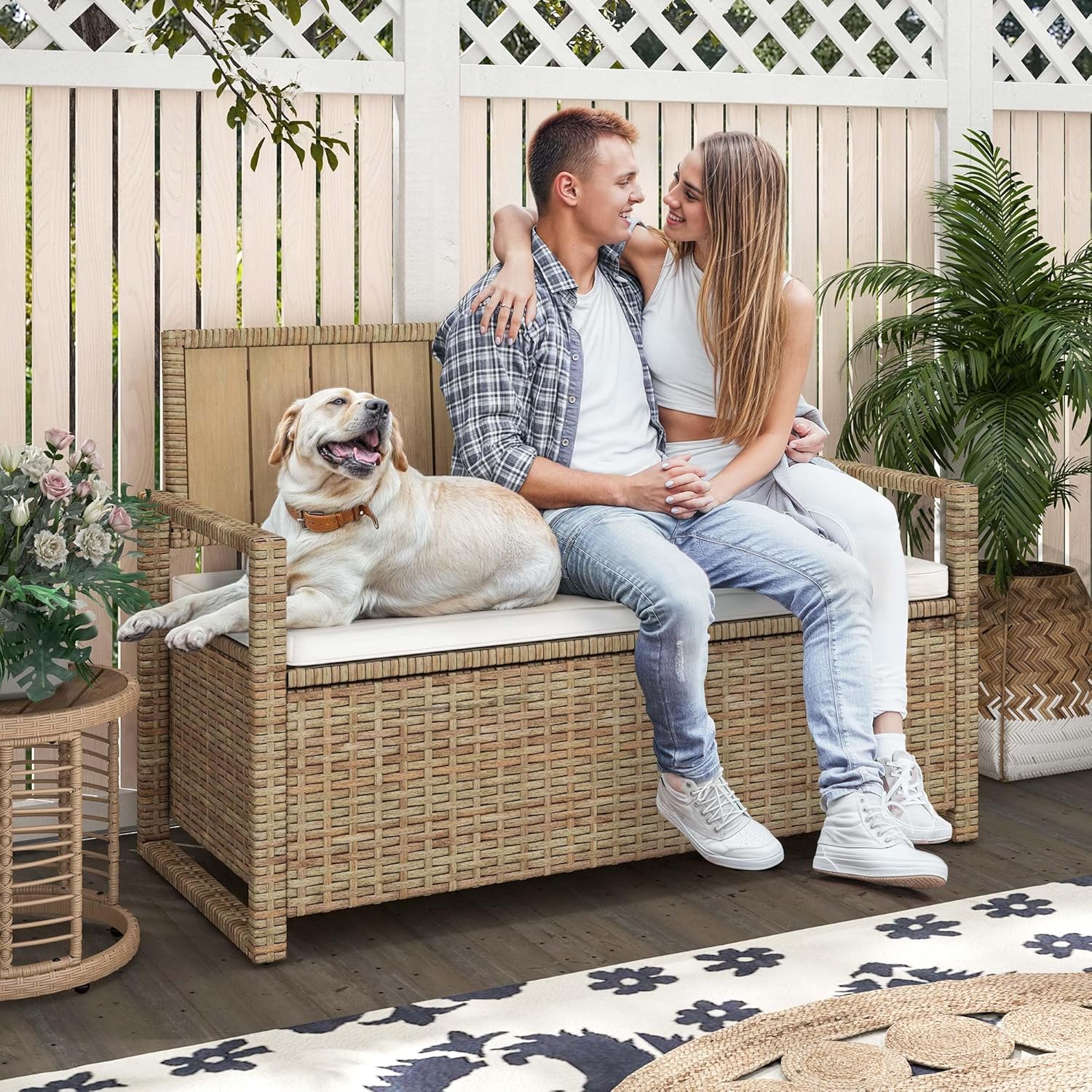 DWVO 70Gal Outdoor Storage Bench with Cushion Composite Wood Backrest Wicker Deck Bench