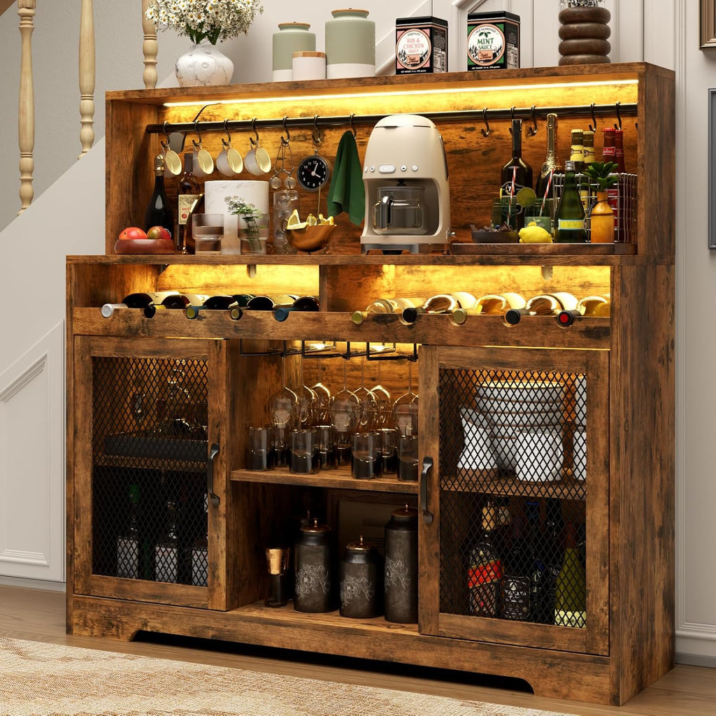 Wine Bar Cabinet with LED Light Liquor Cabinet with Glass Holder Coffee Bar for Liquor
