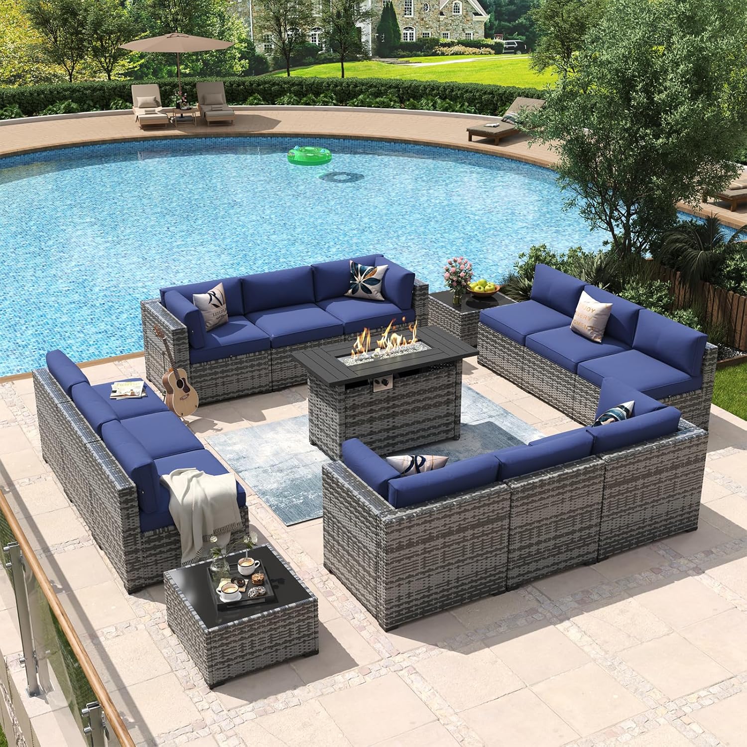 Aoxun 8 Piece Patio Furniture Set with 44?Fire Pit Table Wicker Rattan Outdoor Sectional Sofa Set with Coffee Table and Thickened Cushions, Beige (Waterproof Cover Included)