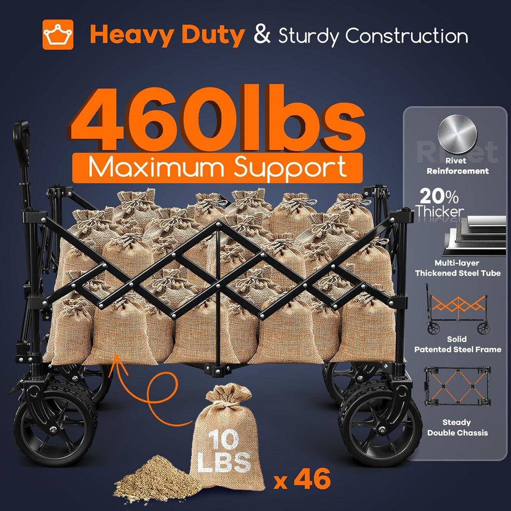 38 long foldable four-wheel stroller, foldable, 460 lb capacity, 220 liter heavy-duty folding beach stroller with large all-terrain tires