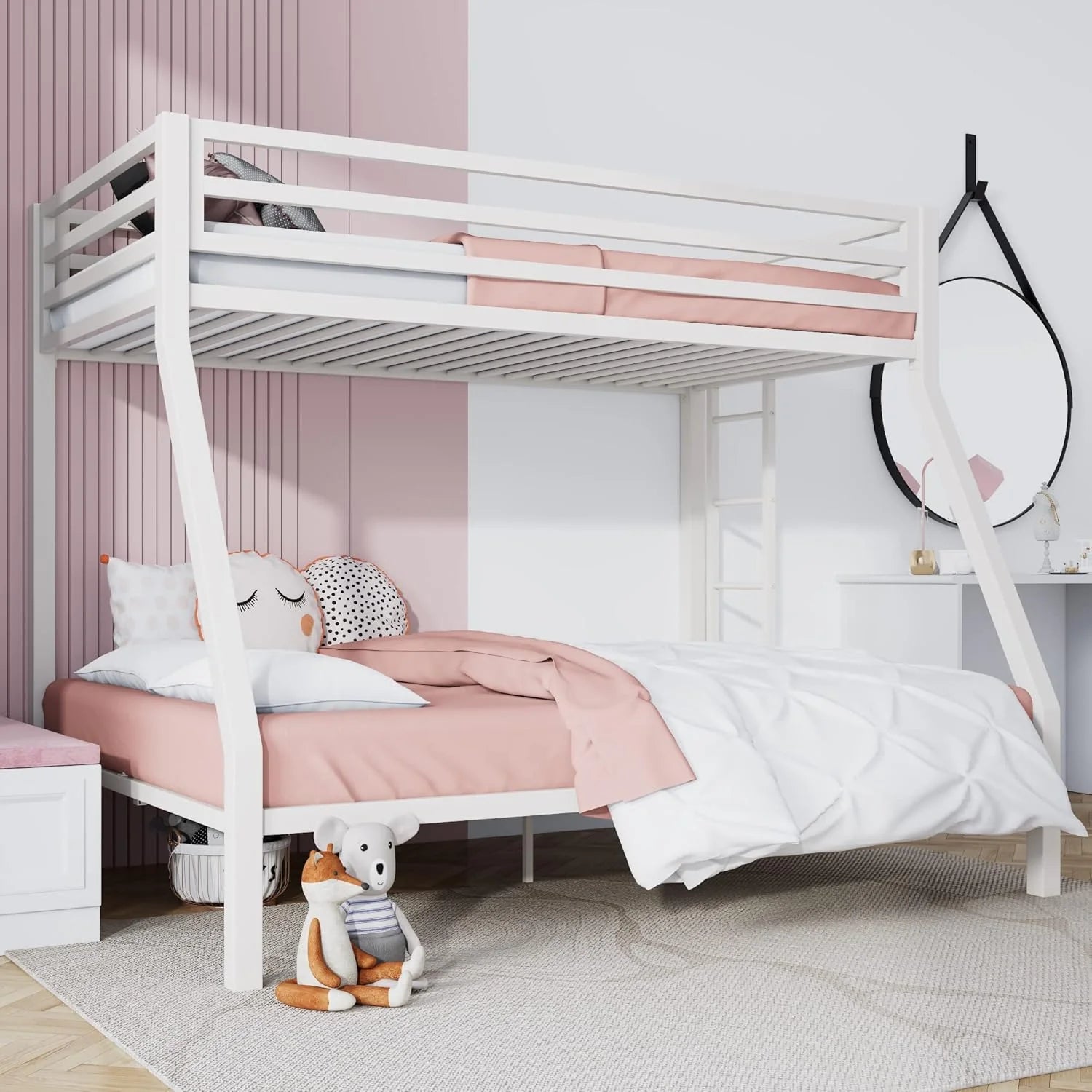 SHA CERLIN Loft Bunk Bed Twin Over Full Size Ladder and Guardrail Heavy Duty Metal Slats Support