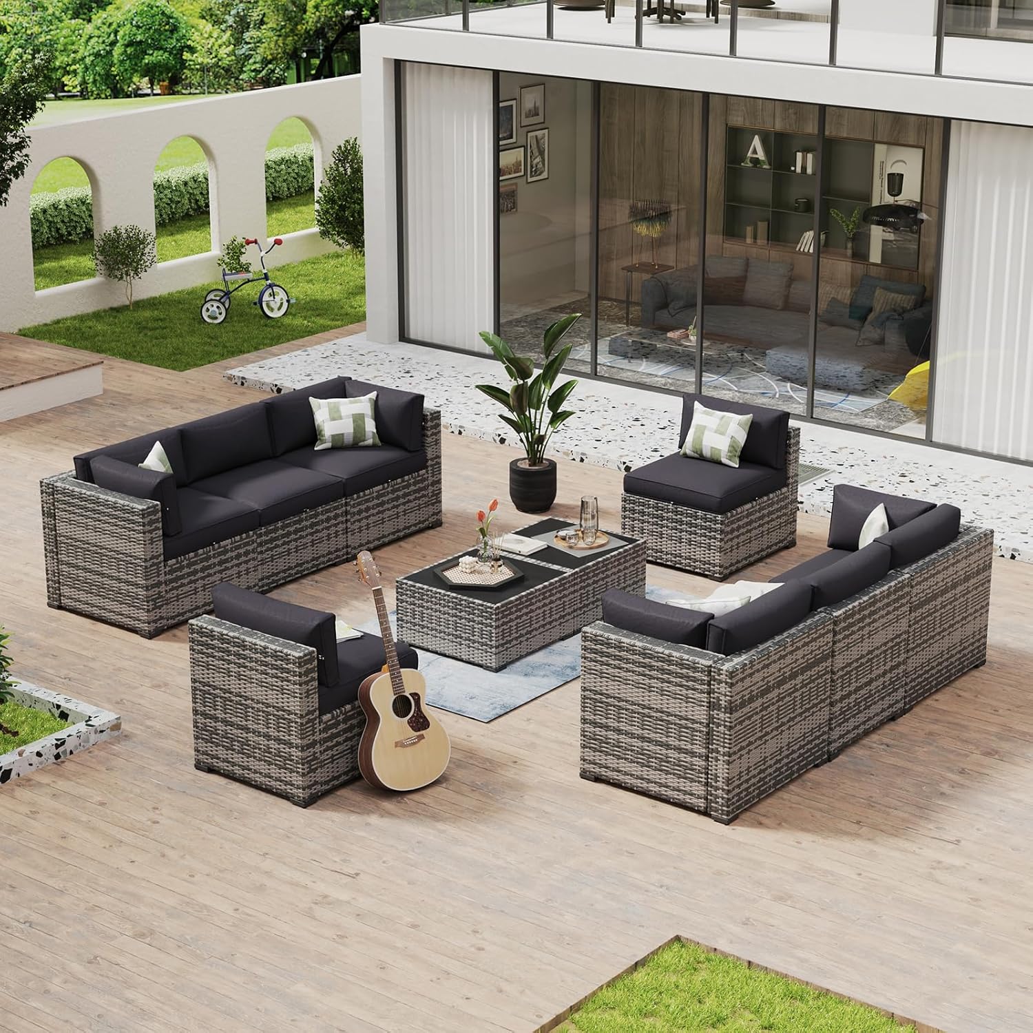 Aoxun 8 Piece Patio Furniture Set with 44?Fire Pit Table Wicker Rattan Outdoor Sectional Sofa Set with Coffee Table and Thickened Cushions, Beige (Waterproof Cover Included)