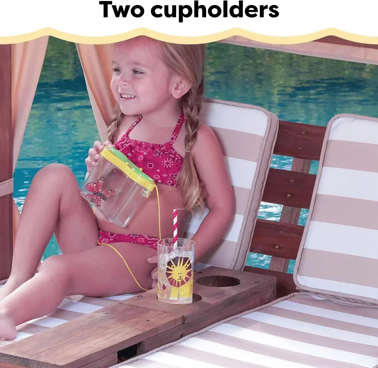 KidKraft Wooden Outdoor Double Chaise Lounge with Cup Holders Kids Patio Furniture Honey
