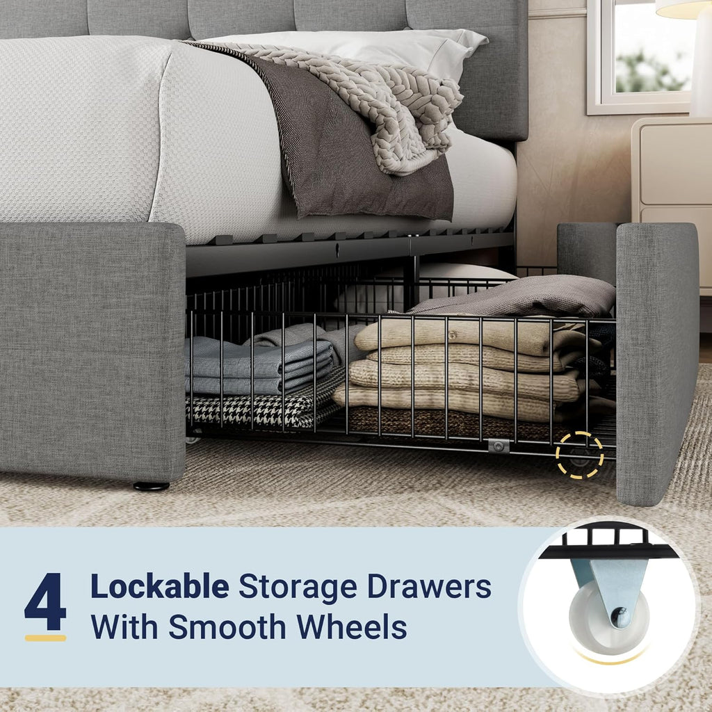 Allewie Upholstered Queen Size Platform Bed Frame with 4 Storage Drawers and Headboard