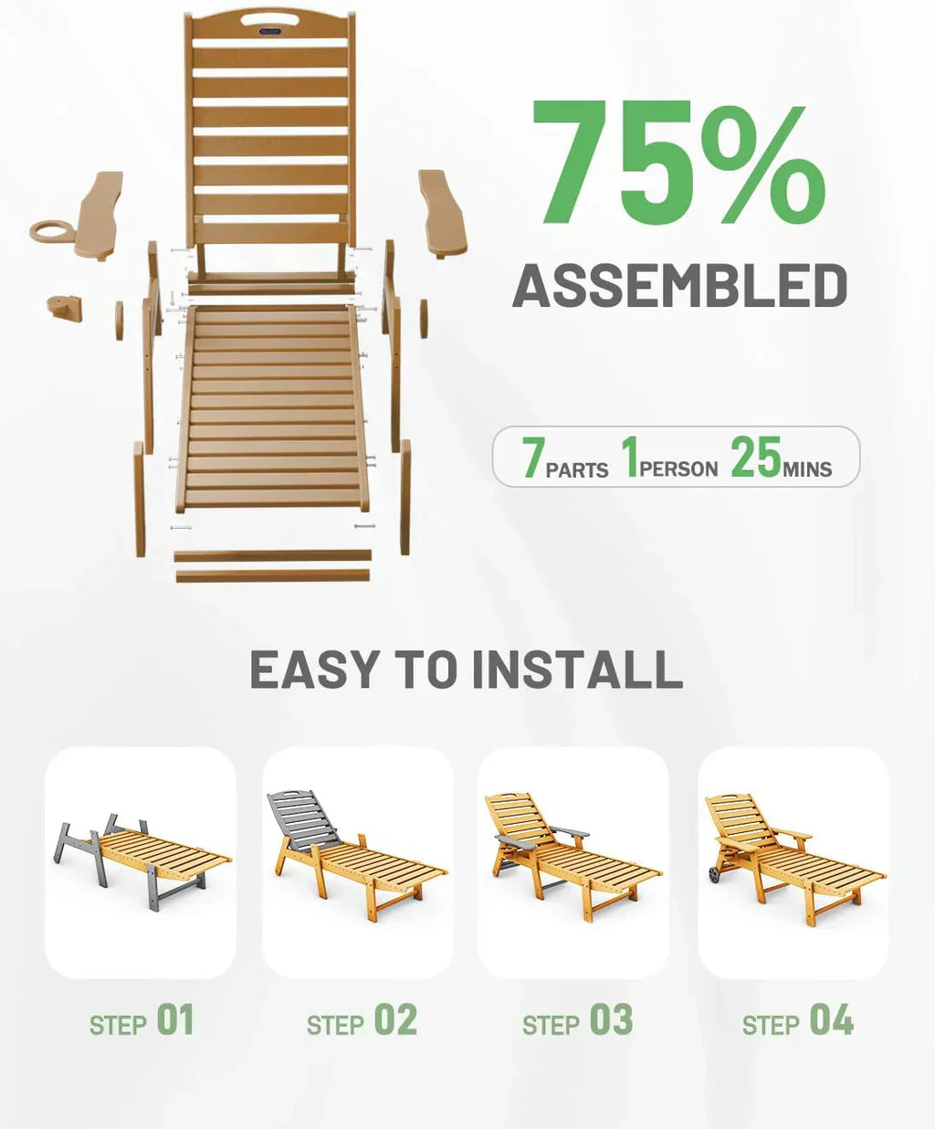 Lounge Chair Outdoor Chaise Lounge HDPE 6-Position Outdoor Chaise Lounge Patio Lounge Chair