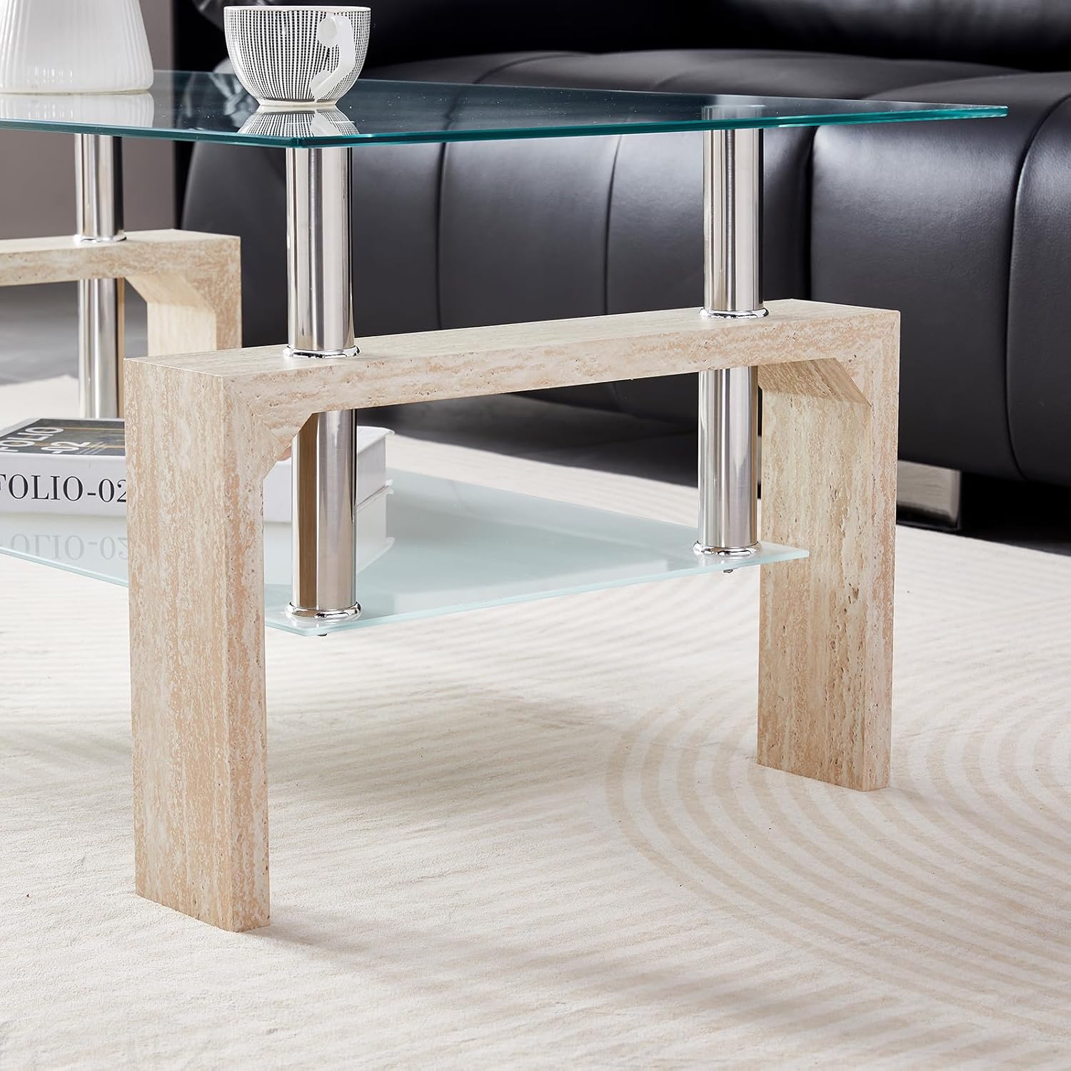 Living Room Rectangle Coffee Table, Tea Table Suitable for Waiting Room, Modern Side Coffee Table with Wooden Leg, Glass Tabletop