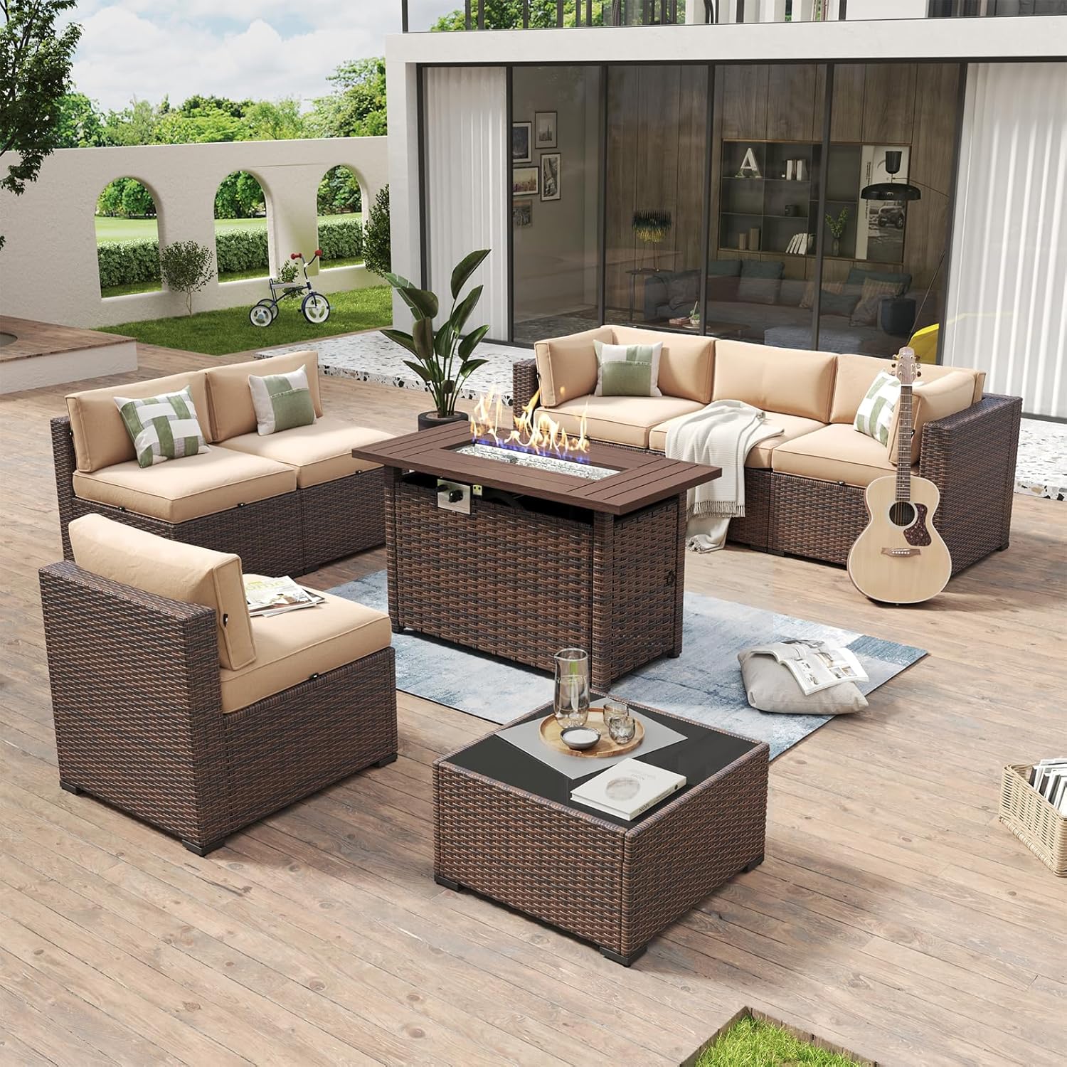 Aoxun 8 Piece Patio Furniture Set with 44?Fire Pit Table Wicker Rattan Outdoor Sectional Sofa Set with Coffee Table and Thickened Cushions, Beige (Waterproof Cover Included)