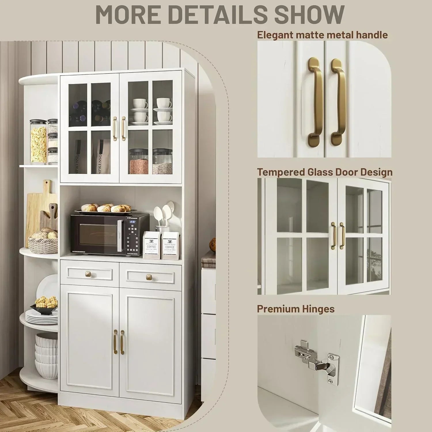 Kitchen Hutch Pantry Cabinet 71 Tall with Glass Doors