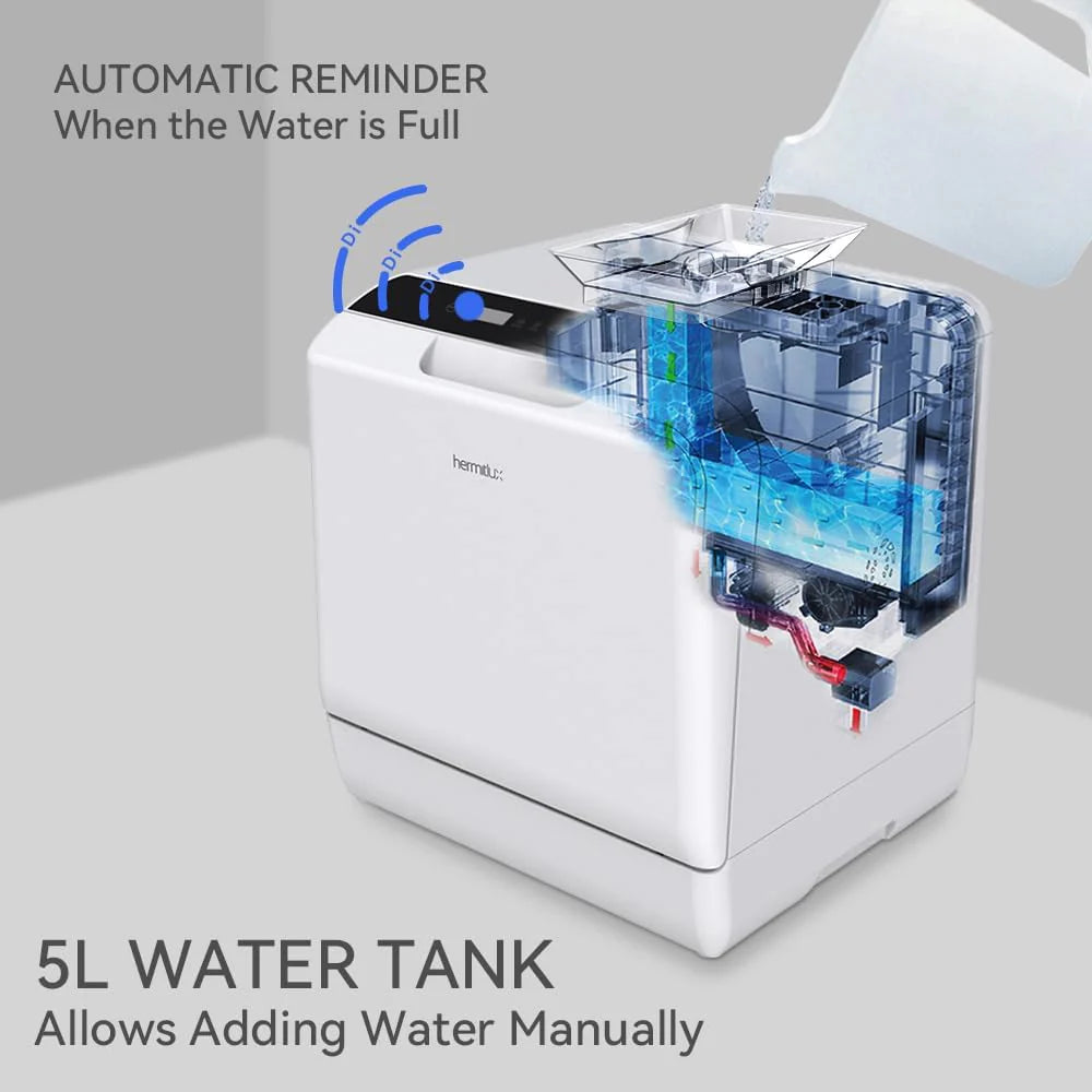 Hermitlux Countertop Dishwasher, 7 Washing Programs Portable Mini Dishwasher with 5-Liter Built-in Water Tank for Apartments & RVs, LED Light, Glass Door, No Hookup Needed
