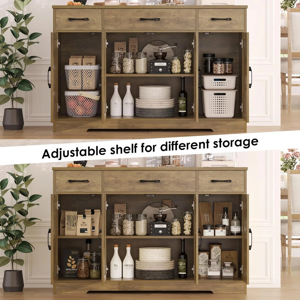 HOSTACK Buffet Cabinet with Drawers, 55 Large Sideboard Buffet Storage Cabinet with Shelves and Doors, Modern Farmhouse Coffee Bar Station Wood Kitchen Table for Kitchen, Dining Room, White/Rustic