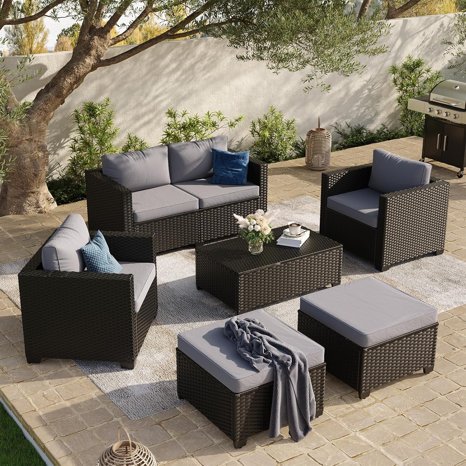 Aoxun 8 Piece Outdoor Patio Furniture Set 7 Seats, Outdoor Sectional with Thick Waterproof Cushions & Storage Coffee Table, Patio Conversation Sets for Garden,Backyard, Porch, Balcony, Deck, Beige
