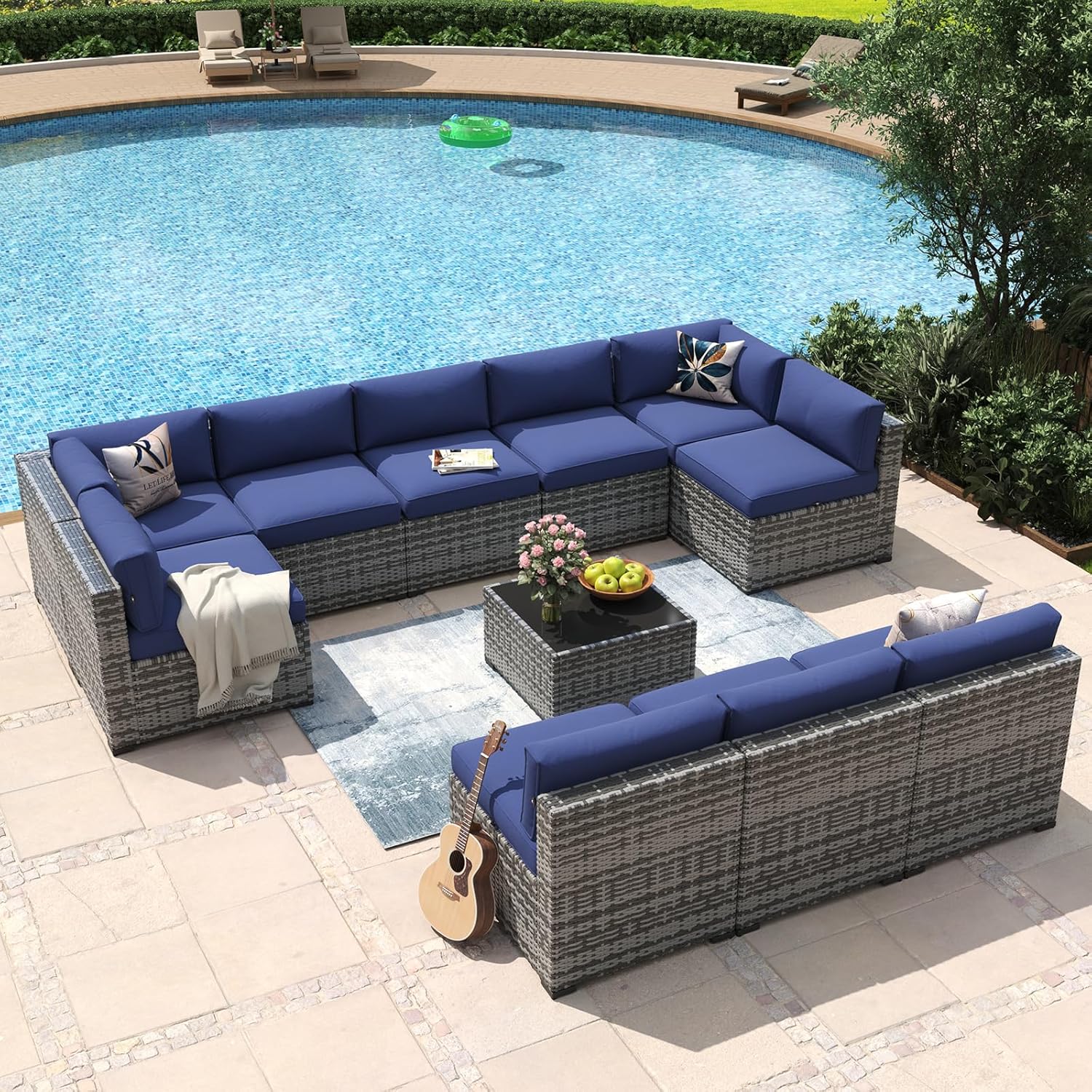 Aoxun 8 Piece Patio Furniture Set with 44?Fire Pit Table Wicker Rattan Outdoor Sectional Sofa Set with Coffee Table and Thickened Cushions, Beige (Waterproof Cover Included)