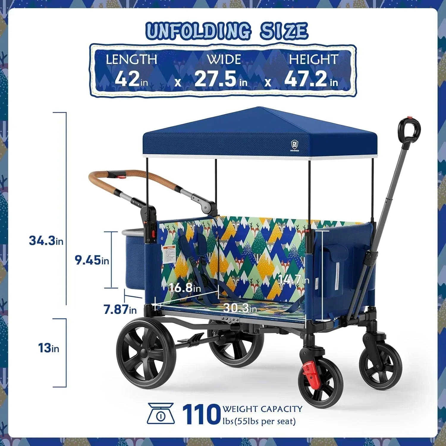 EVER ADVANCED Side-unzip Wagon Stroller for 2 Kids Push Pull Stroller with Adjustable Handle