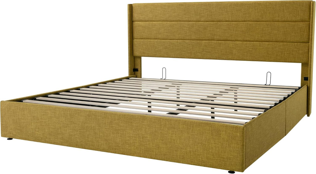Allewie Queen Size Lift Up Storage Bed Modern Wingback Headboard Hydraulic Support