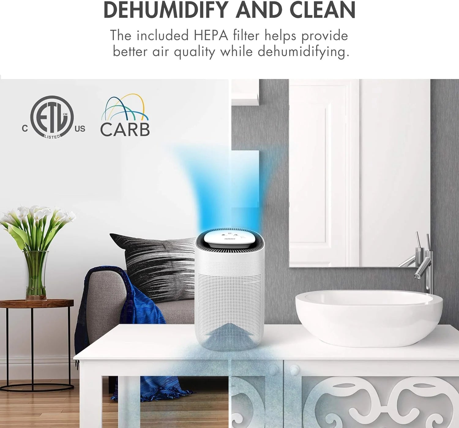 Sorbi 1000ml Air Dehumidifier w/Purifying Function, True HEPA Filter, Auto Shutoff, Touch Control Adjustable Air Speed, Ultra-Quiet, Ideal for Closets & Bathrooms