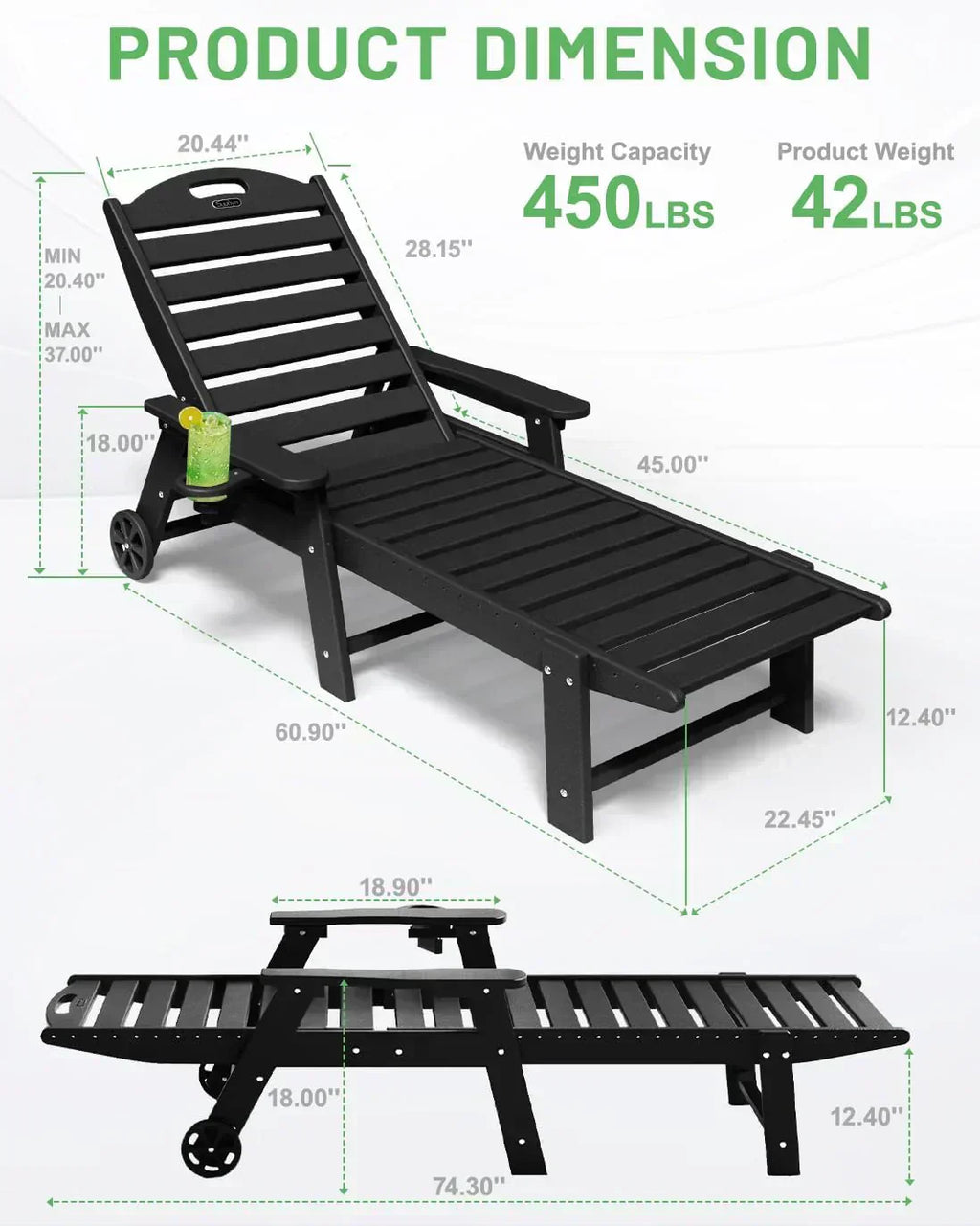 Lounge Chair Outdoor Chaise Lounge HDPE 6-Position Outdoor Chaise Lounge Patio Lounge Chair