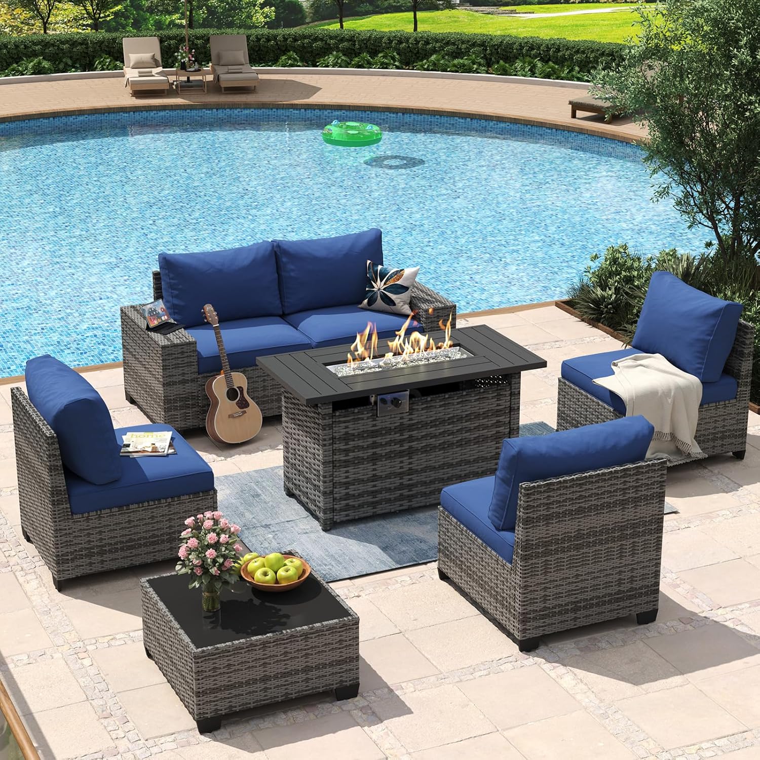 Aoxun 8 Piece Patio Furniture Set with 44?Fire Pit Table Wicker Rattan Outdoor Sectional Sofa Set with Coffee Table and Thickened Cushions, Beige (Waterproof Cover Included)