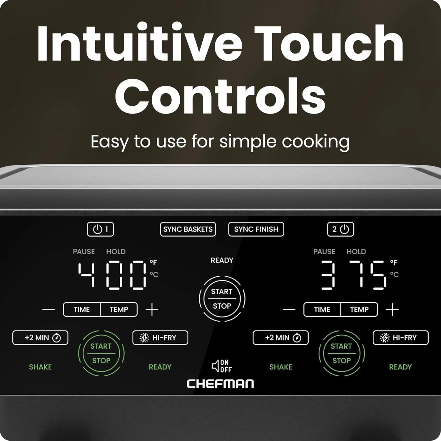 Chefman 6-Quart Double Basket Air Fryer with Easy View Window uses two separate 3-quart nonstick pans.