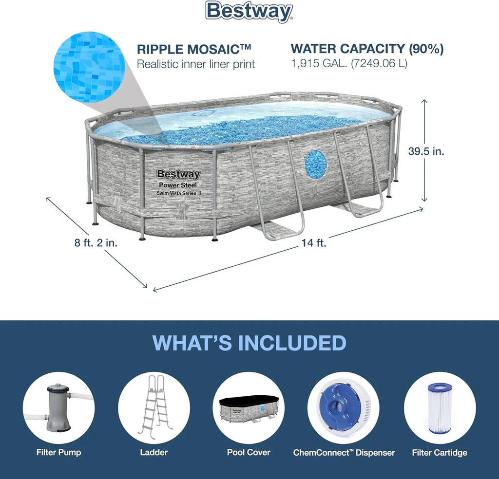 Power Steel 14' x 8'2 x 39.5 Oval Above Ground Pool Set | Includes 530gal Filter Pump, Ladder, ChemConnect Dispener