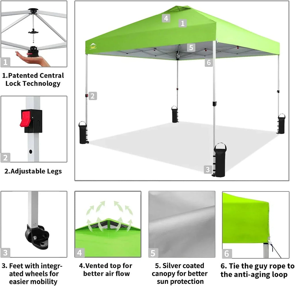 10x10 Pop-Up Awning One-Click Installation Beach Tent Outdoor Sunshade Silver Coated Top