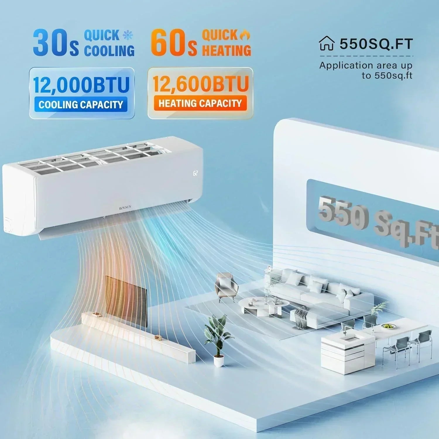 ROVSUN 9000 BTU Wifi Enabled Mini Split Air Conditioner Heater Inverter 19 SEER2 Energy Saving