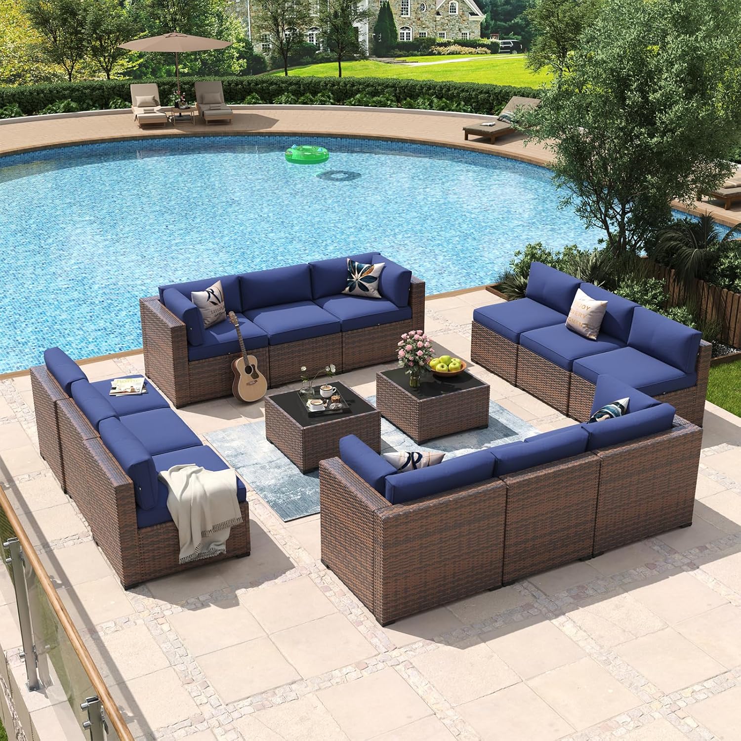 Aoxun 8 Piece Patio Furniture Set with 44?Fire Pit Table Wicker Rattan Outdoor Sectional Sofa Set with Coffee Table and Thickened Cushions, Beige (Waterproof Cover Included)