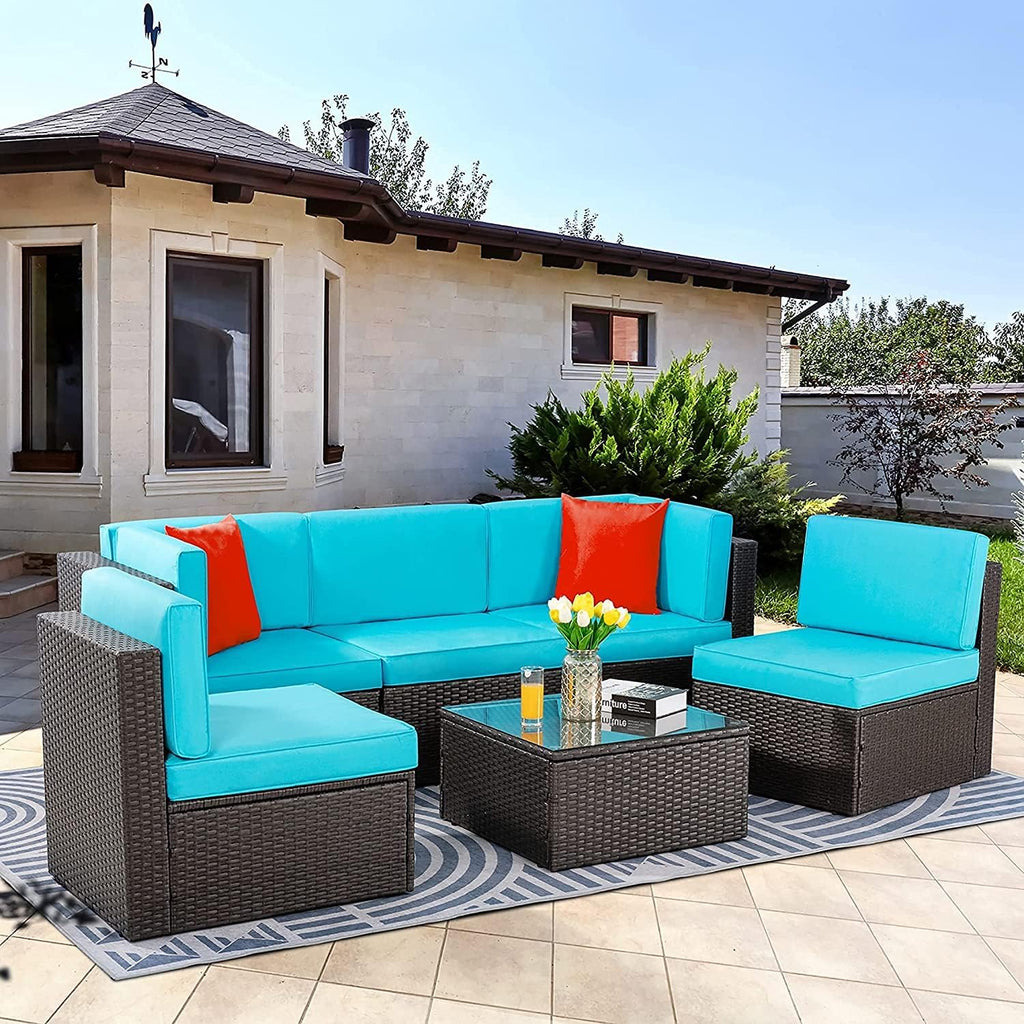 Vongrasig 5 Piece Patio Furniture Sets, Outdoor Patio Set Sectional Sofa, All-Weather PE Rattan Outdoor Couch with Ottoman, Glass Table for Garden, Backyard, Porch, Beige