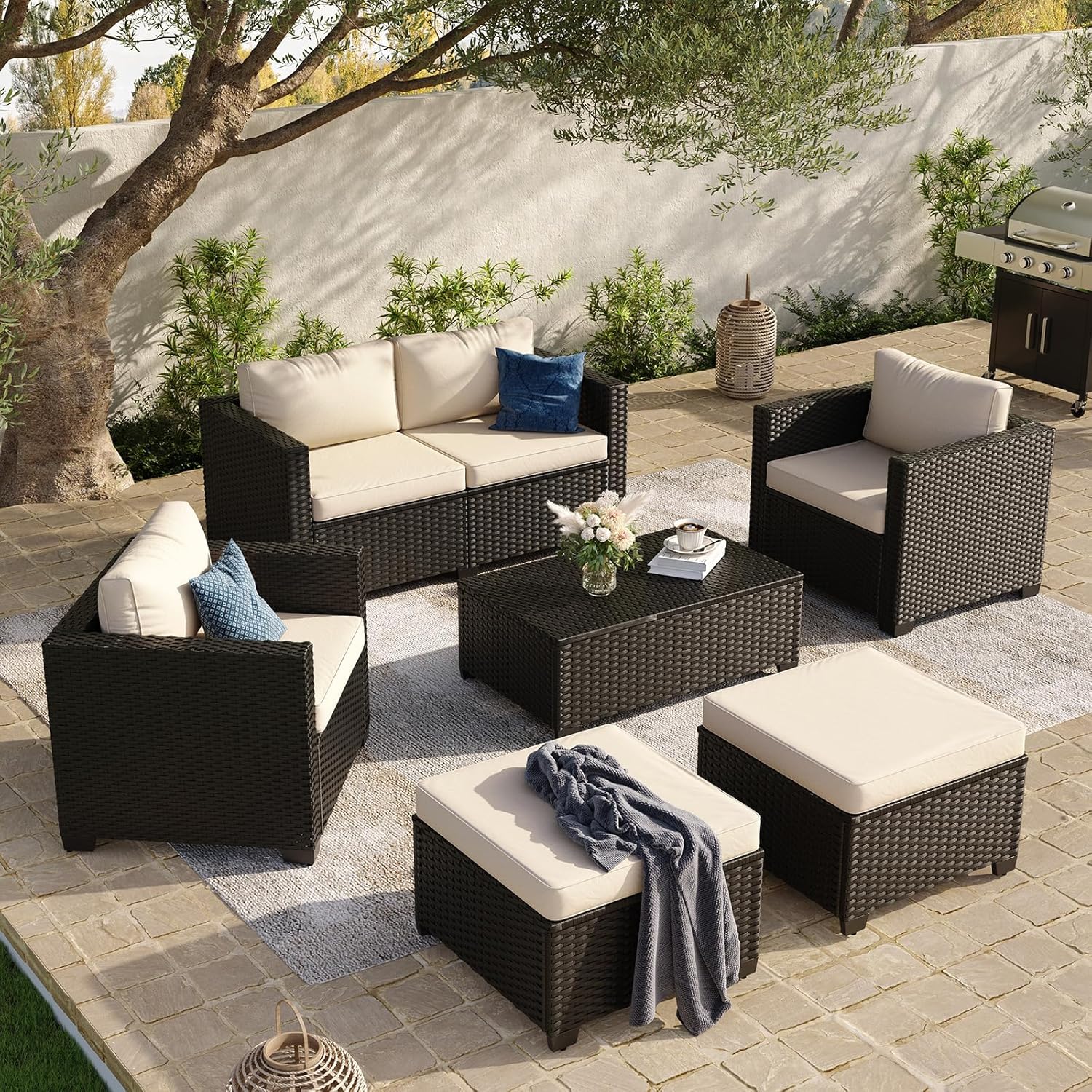Aoxun 8 Piece Outdoor Patio Furniture Set 7 Seats, Outdoor Sectional with Thick Waterproof Cushions & Storage Coffee Table, Patio Conversation Sets for Garden,Backyard, Porch, Balcony, Deck, Beige