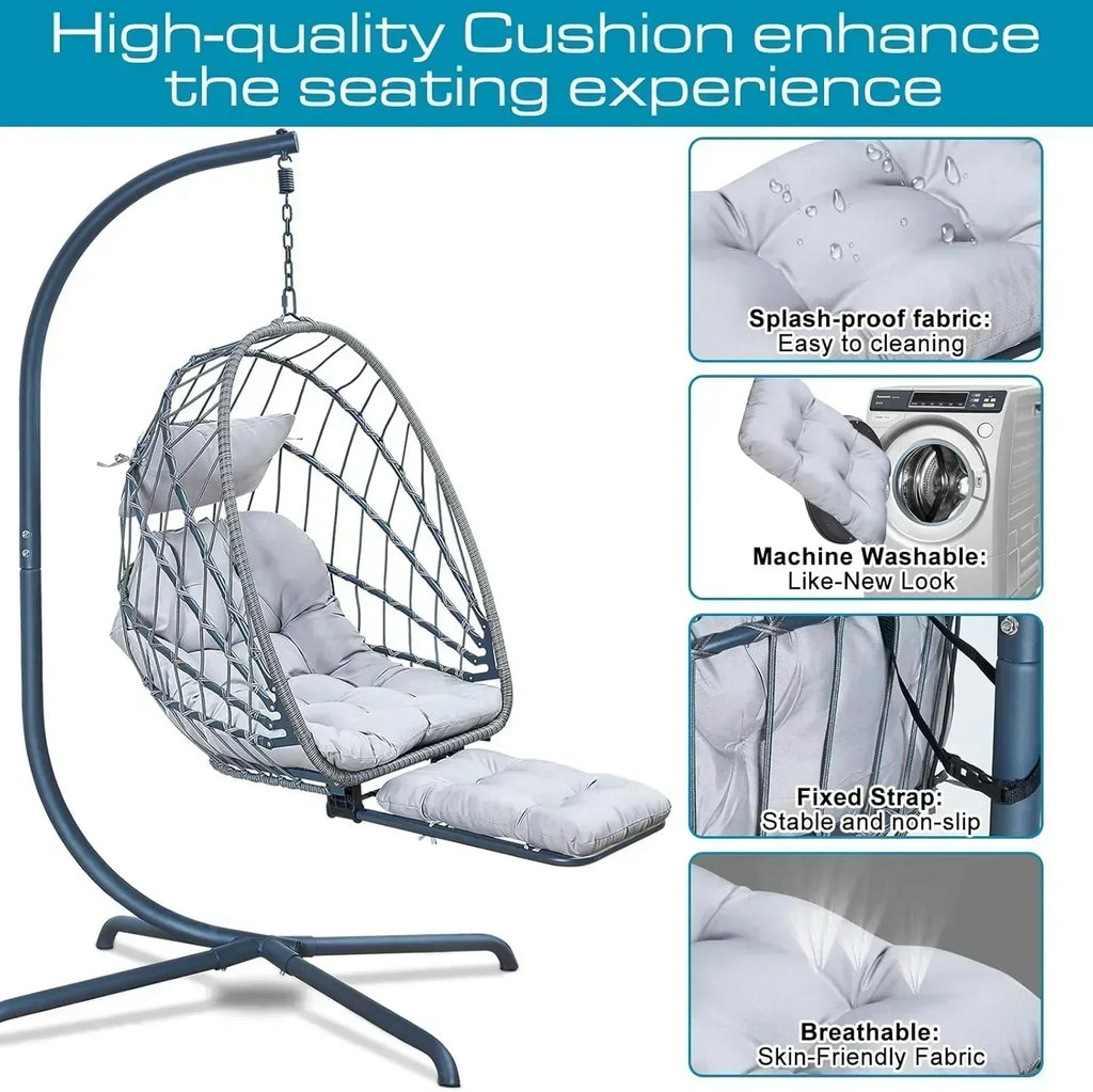 Hanging Egg Chair with Stand and Leg Rest Rattan Wicker Swing Hammock Chair UV-Resistant Cushion