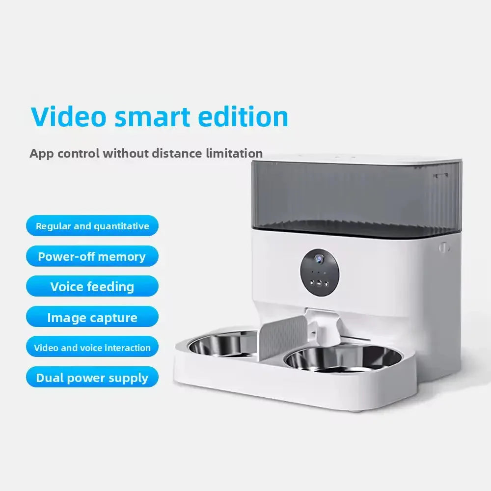 Automatic Pet Feeder with Camera and Double Stainless Steel Bowls Timed WiFi App Control for Two Cats or Dogs