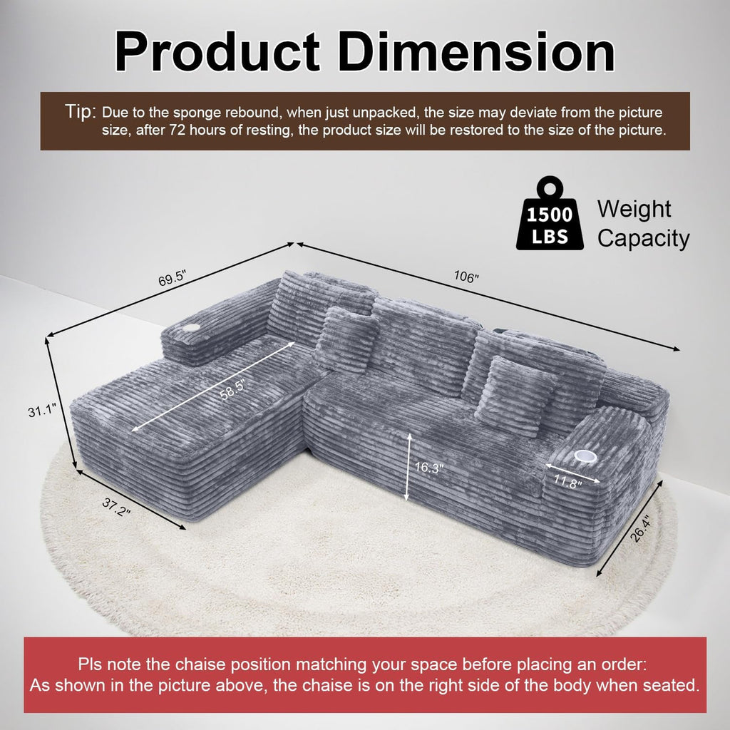 Cloud Sectional Couch with L-Shape Chaise, Modern Modular Sofa with Deep Seat, Built-in Cup Holder & Storage Pocket for Living Room Bedroom, No Assembly Required (Dark Gray, Left Sitting Chaise)