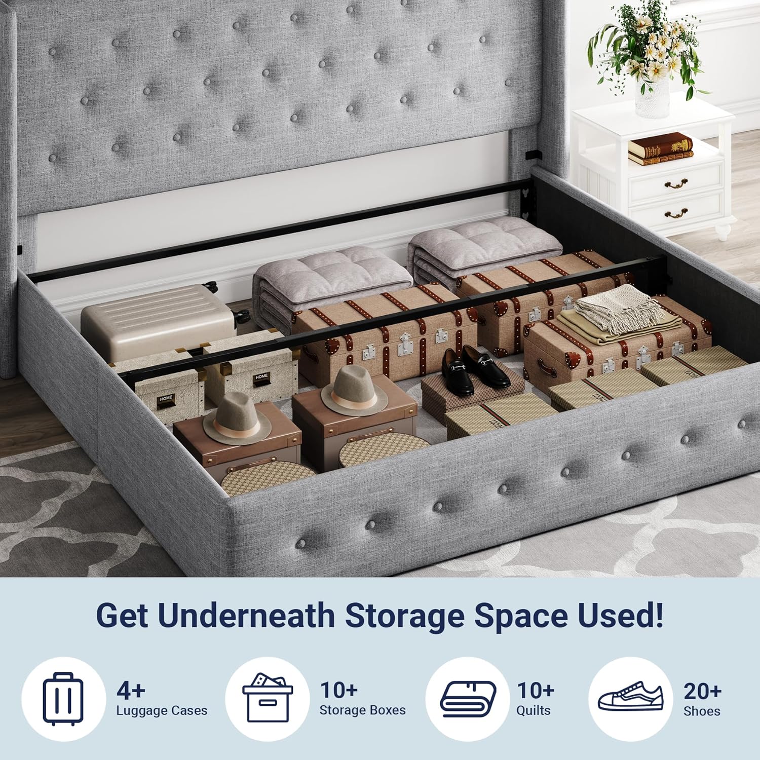 Allewie Queen Size Lift Up Storage Bed Modern Wingback Headboard Hydraulic Support