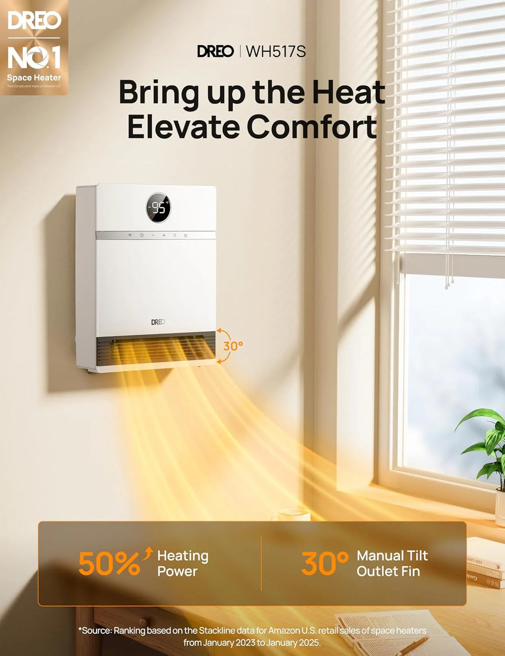 Dreo Smart Wall Heater, IP24 Electric PTC Space Heaters for Indoor Use, 30�� Oscillation, Adjustable Thermostat, Remote Control, Works with Alexa, 24H Timer, Easy-mounted for Bedroom, Office, Home