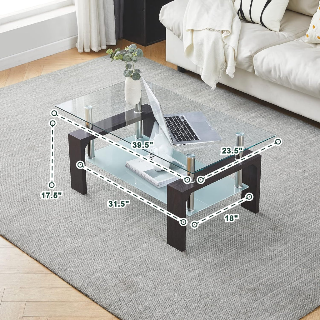 Living Room Rectangle Coffee Table, Tea Table Suitable for Waiting Room, Modern Side Coffee Table with Wooden Leg, Glass Tabletop